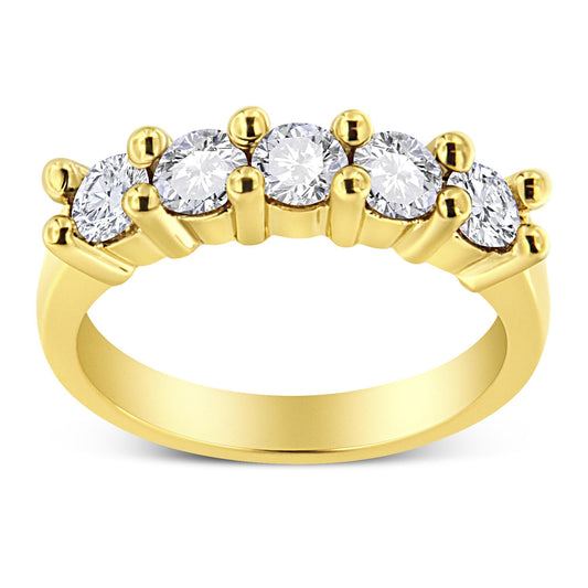 Yellow Gold Plated .925 Sterling Silver 1.0 Cttw Shared Prong-set Round Diamond 5 Stone Band Ring (J-K Color, I1-I2 Clarity)