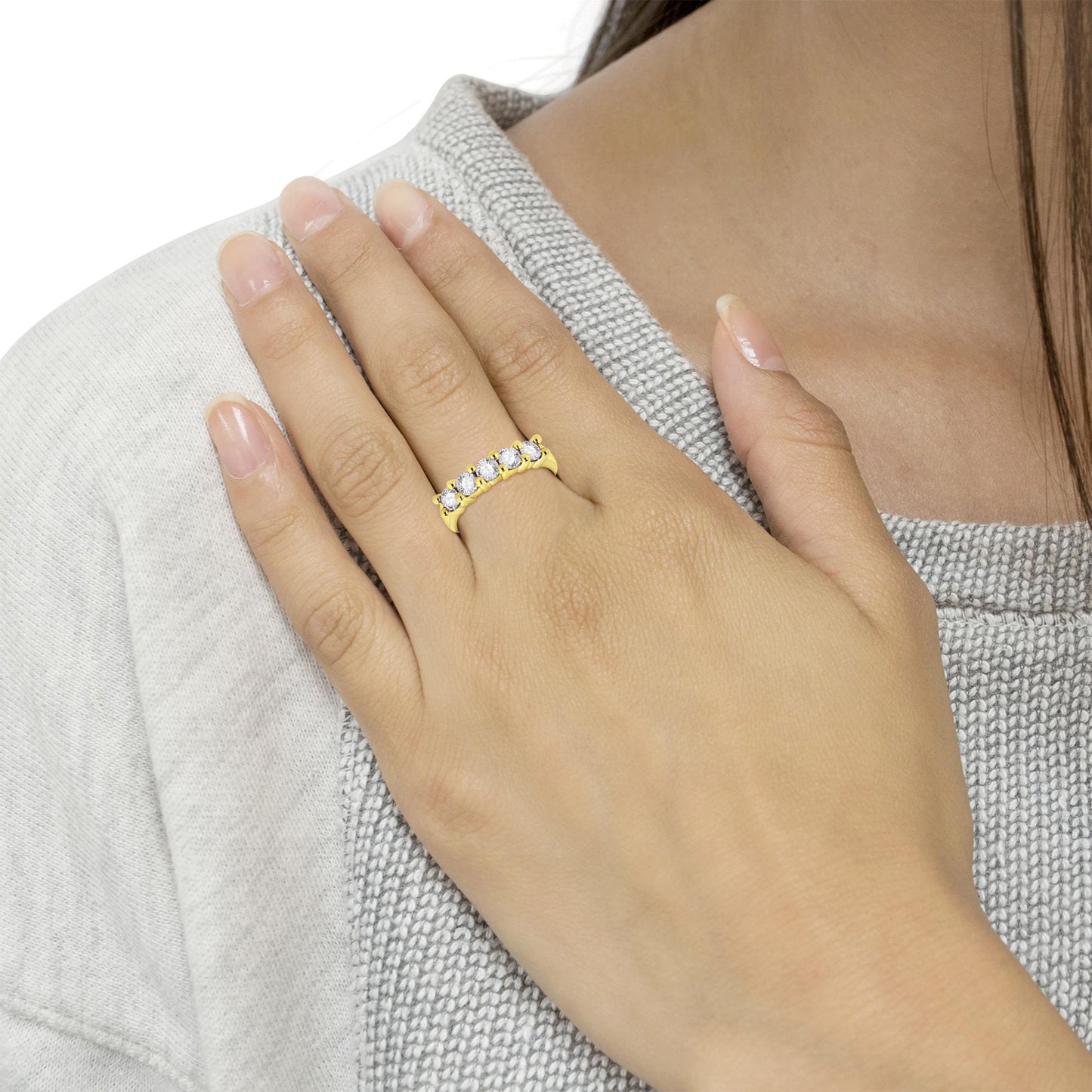 Yellow Gold Plated .925 Sterling Silver 1.0 Cttw Shared Prong-set Round Diamond 5 Stone Band Ring (J-K Color, I1-I2 Clarity)